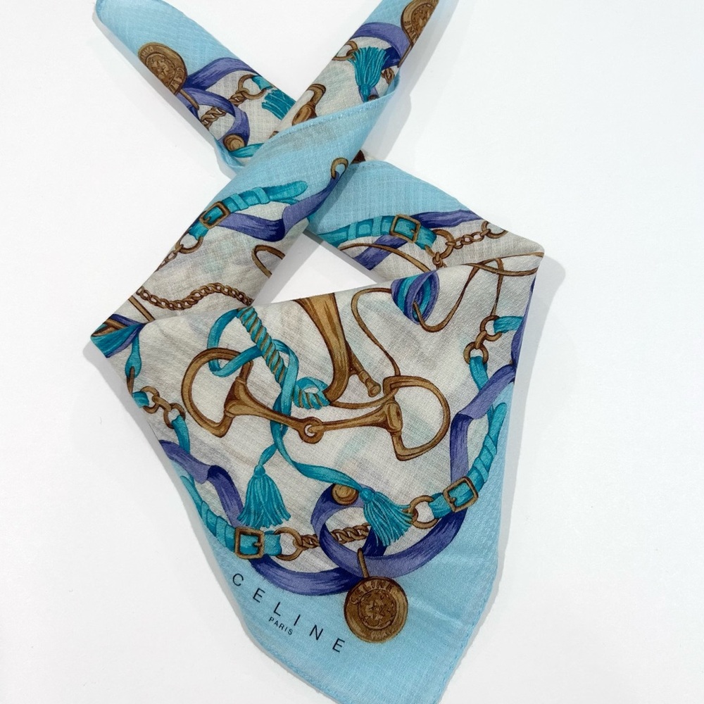 WOMEN HANDKERCHIEF CELINE Gold Chain Blue BANDANA COTTON POCKET SQUARE 18”